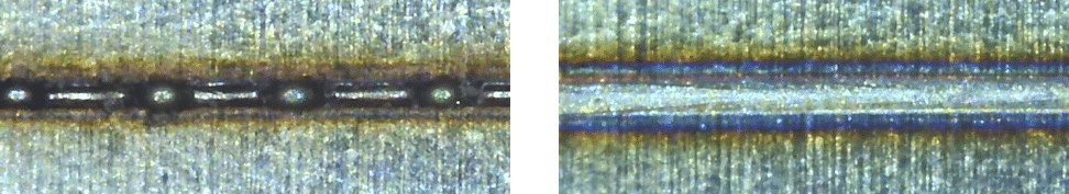 使用单模激光器的箔焊：左-高斯光斑；右-带有Flexishaper同心环和光斑的光束整形器。以相同的功率和速度执行两种焊接，由BLACKBIRD提供